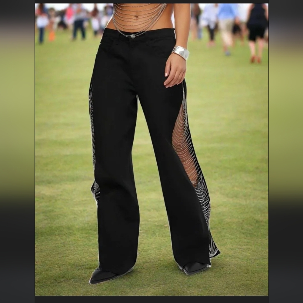 WeWoreWhat NWT Black Denim Chain Slit Wide Leg Jean Size 24